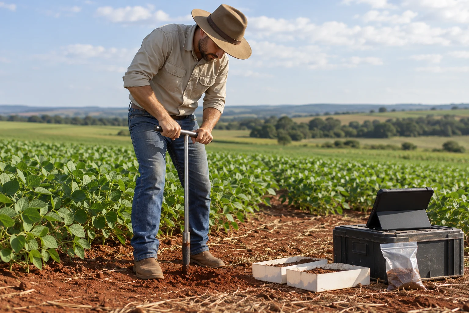 Coleta de amostra de solo na lavoura para representar os dados de apoio à nutrição