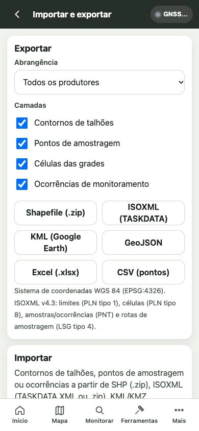 Tela real: Importação e exportação dos dados