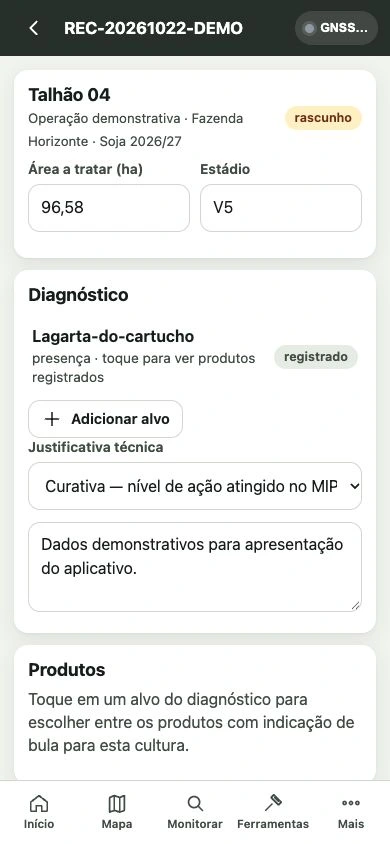 Tela real: Recomendação técnica em rascunho