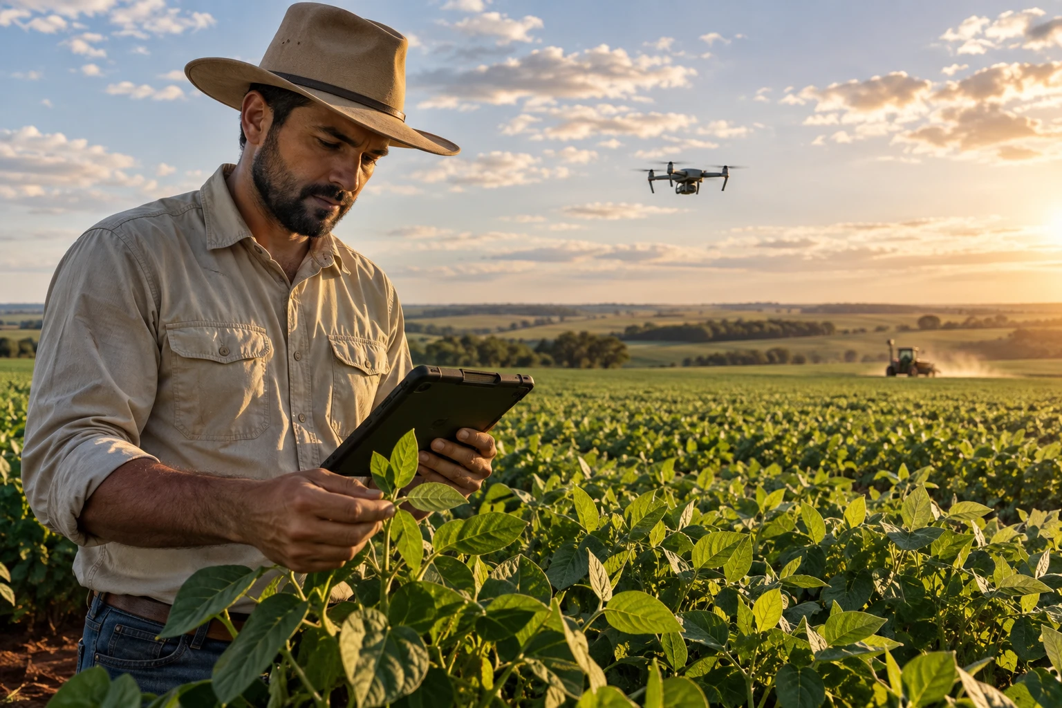 Imagem ilustrativa de agrônomo com tablet inspecionando uma lavoura, com drone ao fundo