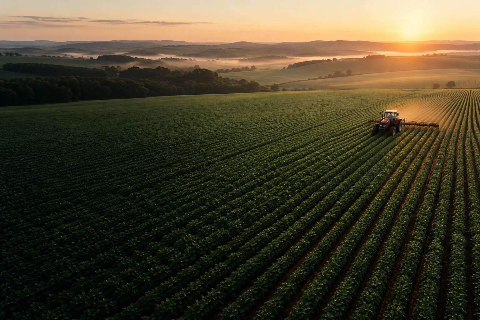 Vista aérea ilustrativa de lavoura brasileira ao pôr do sol, com trator e linhas de cultivo